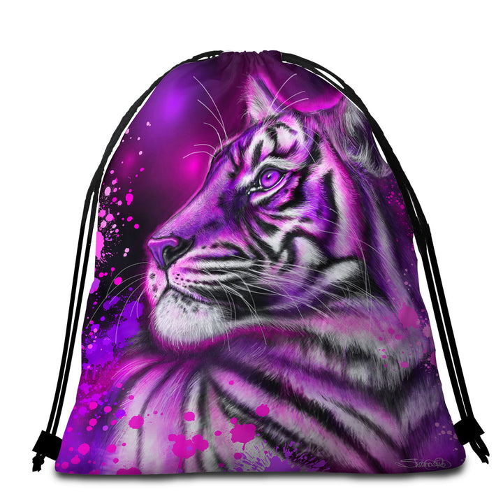 Artwork Neon Purple Pink Tiger Beach Towels and Bags Set