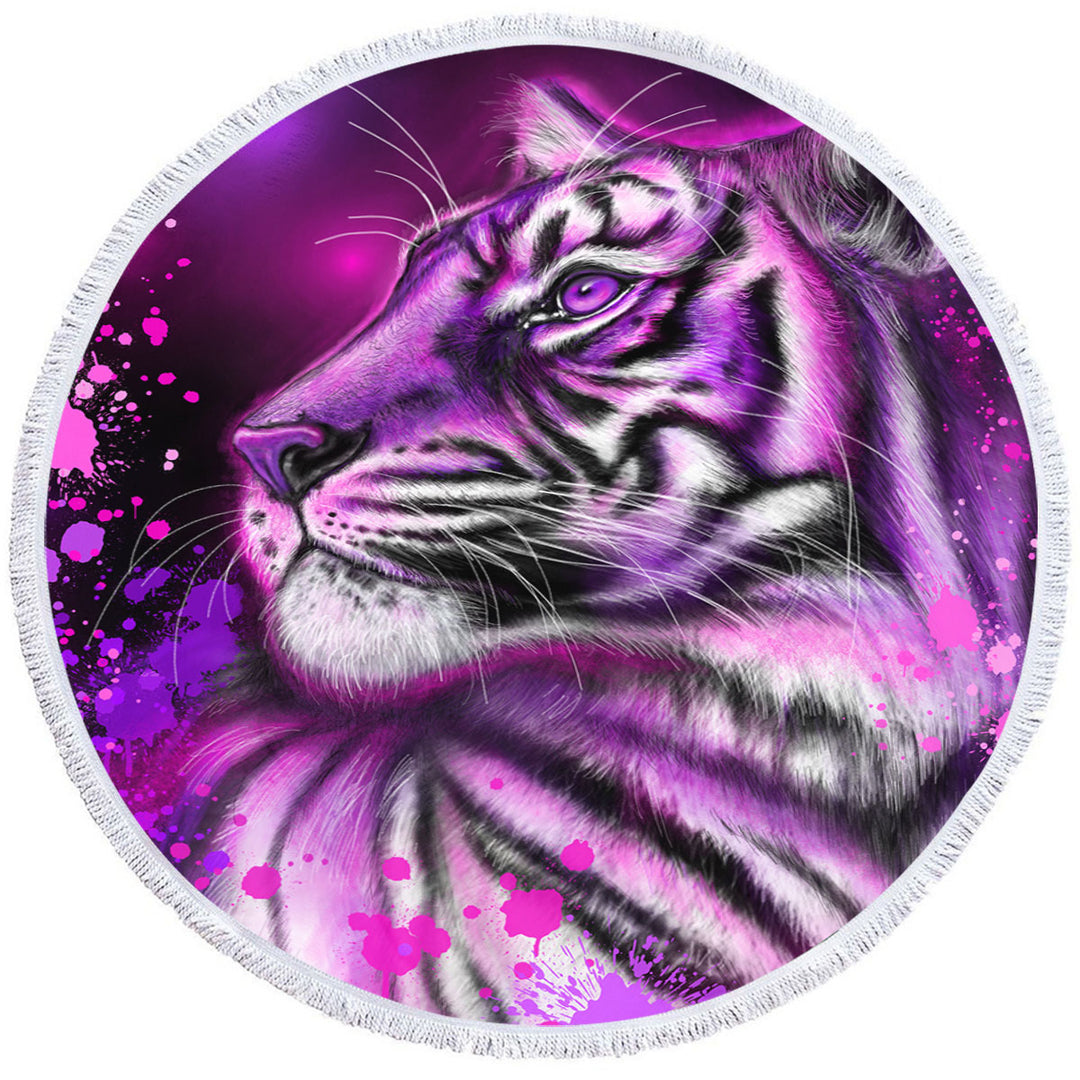 Artwork Neon Purple Pink Tiger Round Beach Towel