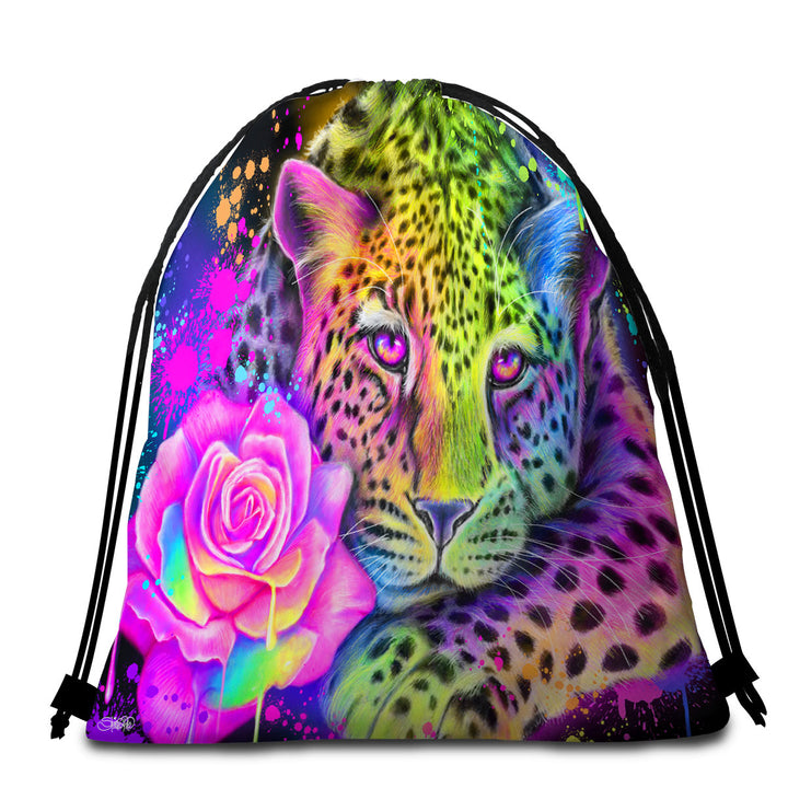 Artwork Neon Rainbow Leopard Beach Towel Bags