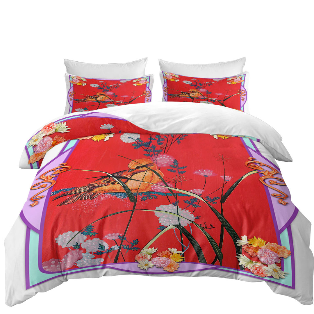 Asian Art Painting Bird on Red Bed Covers