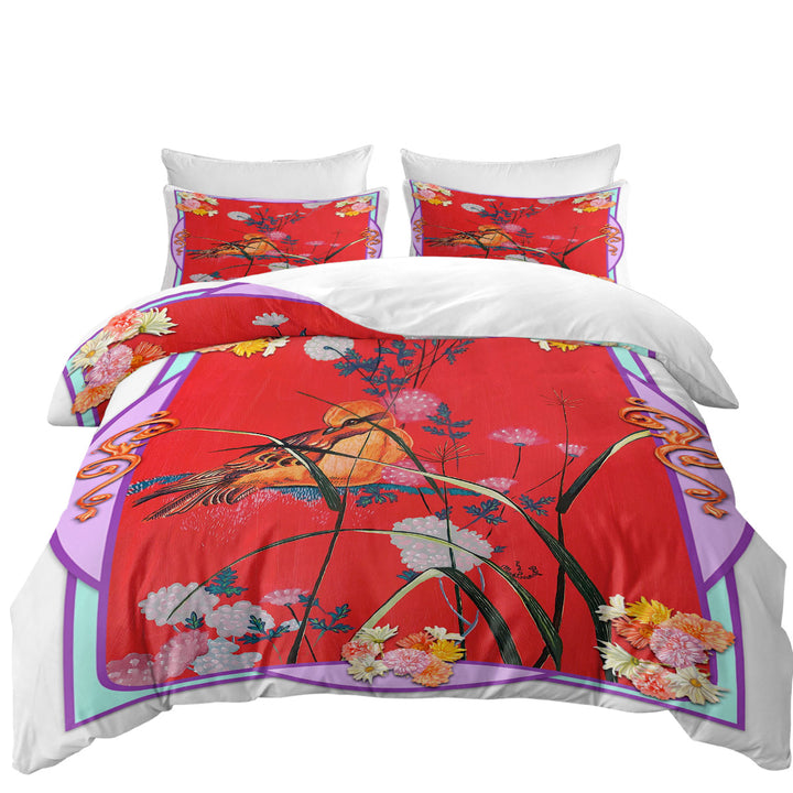 Asian Art Painting Bird on Red Bed Covers