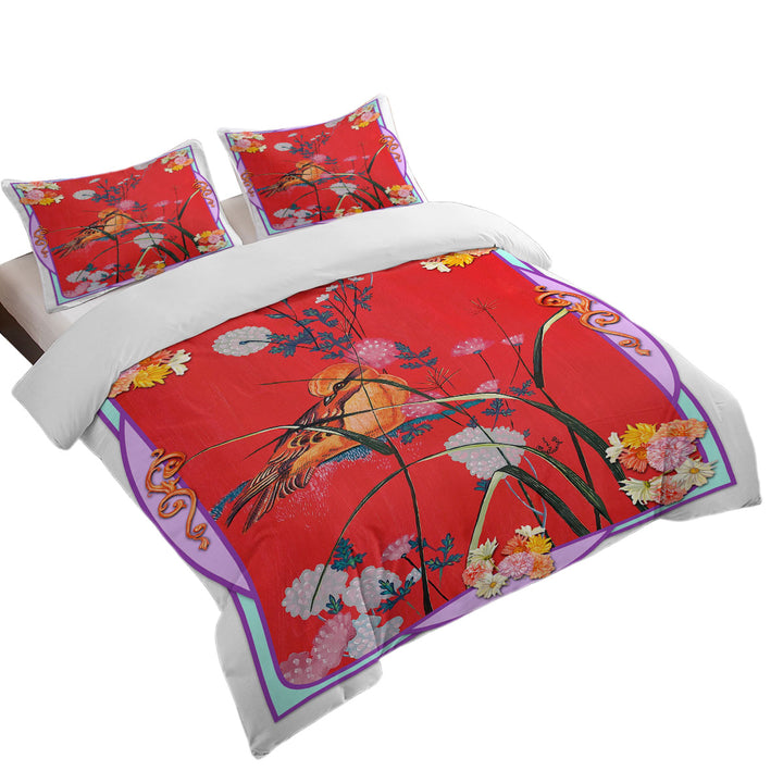 Asian Art Painting Bird on Red Duvet Covers