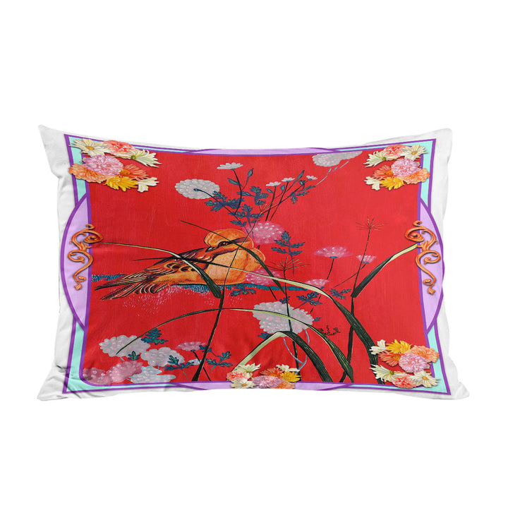 Asian Art Painting Bird on Red Pillowcase