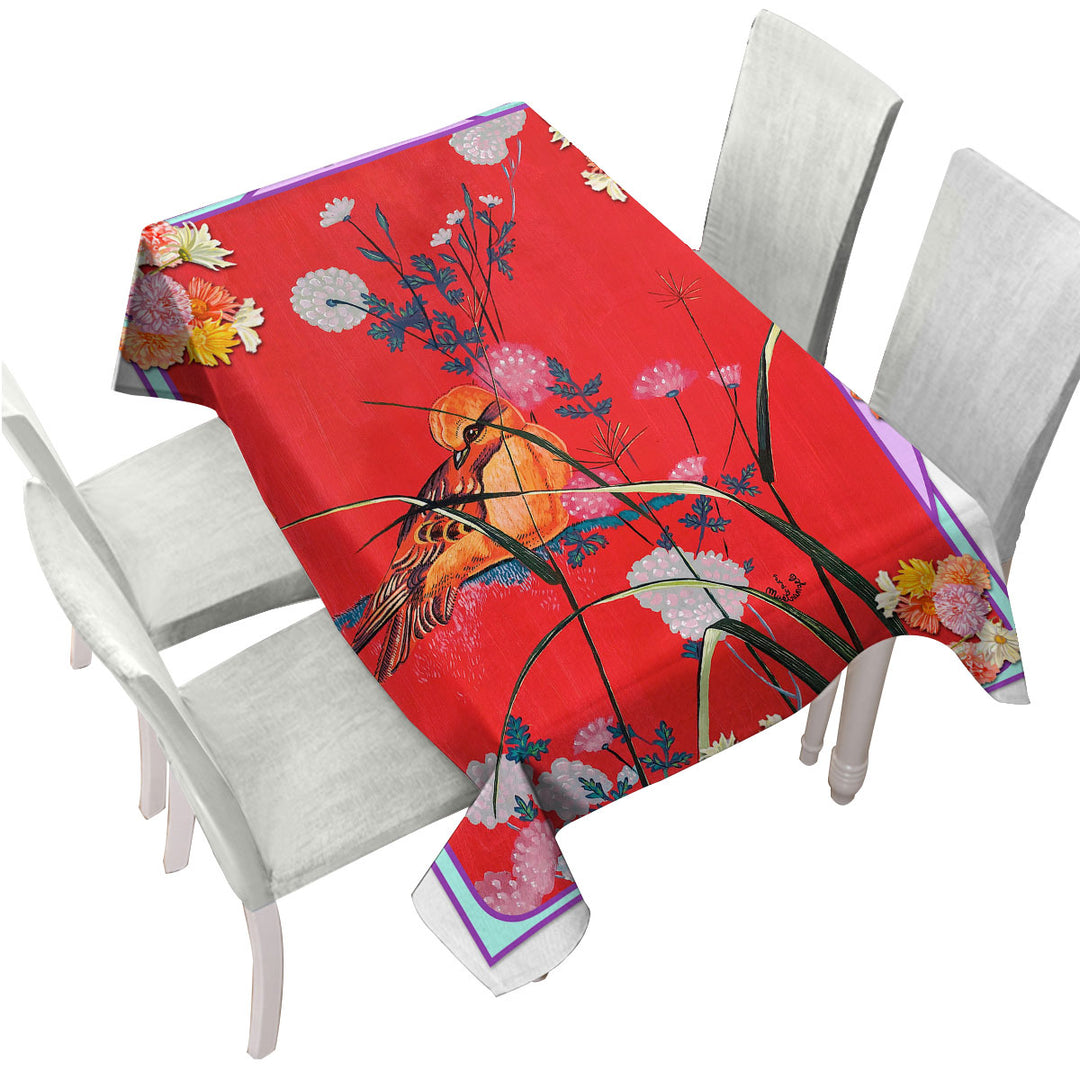 Asian Art Painting Bird on Red Table Cover