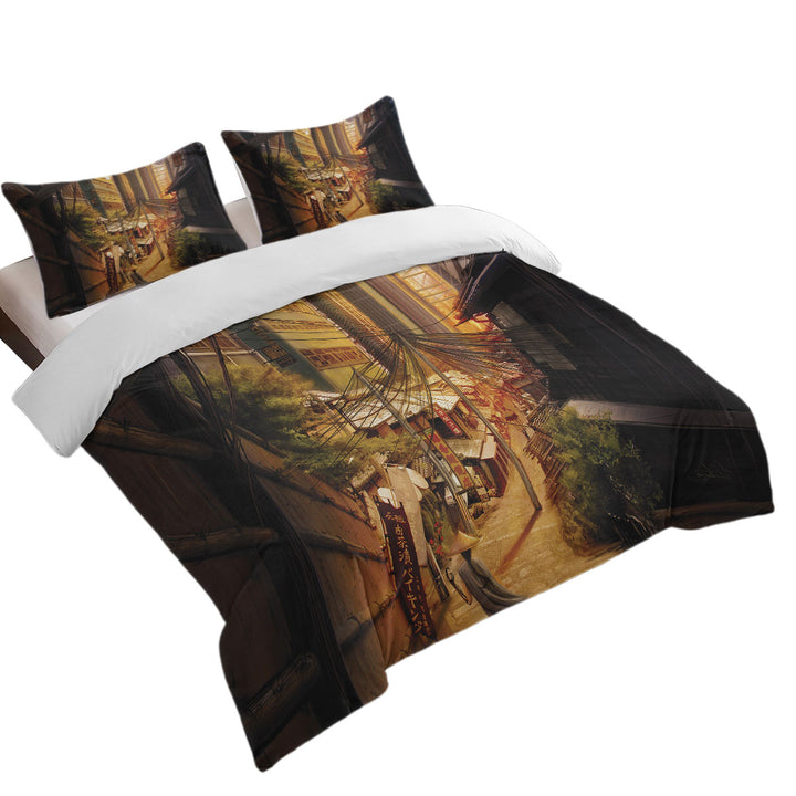 Asian Art Painting Tokyo City Markets Queen Size Duvet Cover