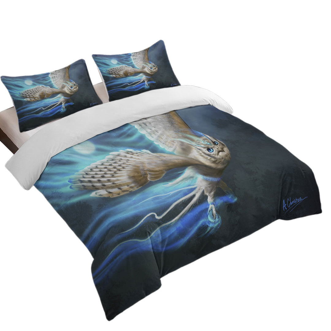 Athenas Cool White Owl King Quilt Cover