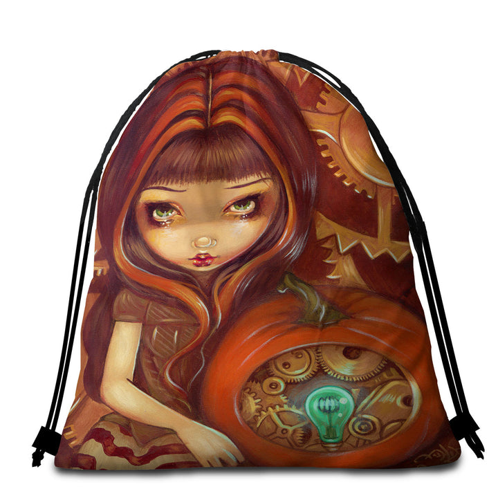 Autumn Colors Beach Towel Bags Girl a Clockwork Pumpkin