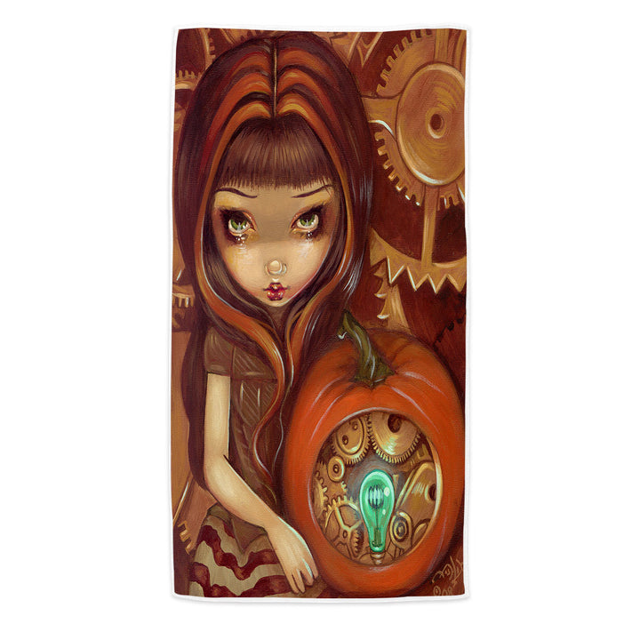 Autumn Colors Beach Towels Girl a Clockwork Pumpkin