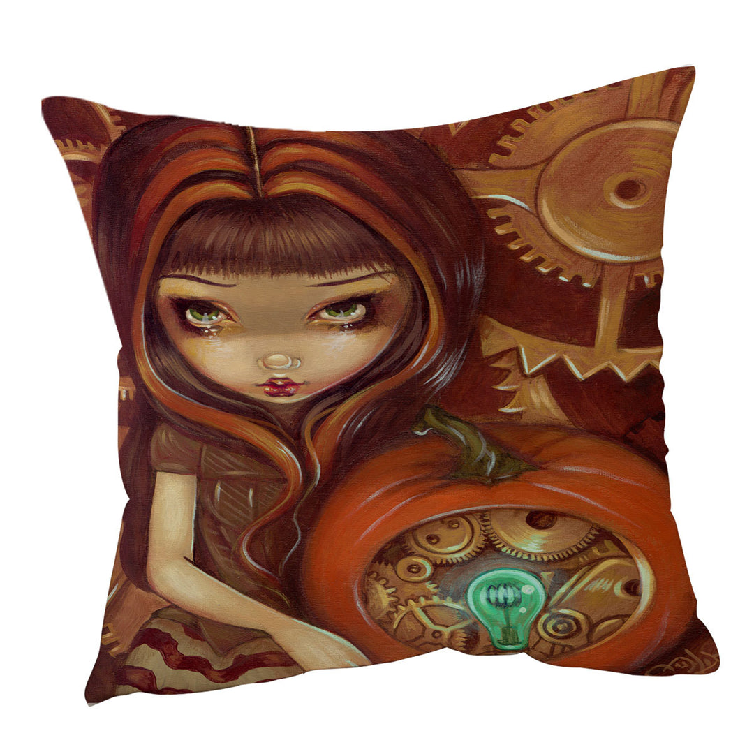 Autumn Colors Throw Pillows Girl a Clockwork Pumpkin