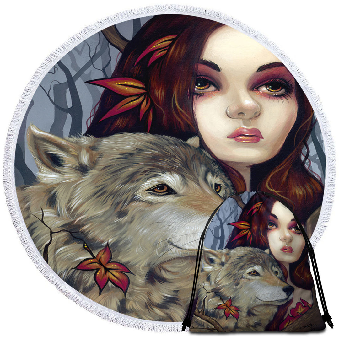 Autumn Wolf Maiden Circle Beach Towel