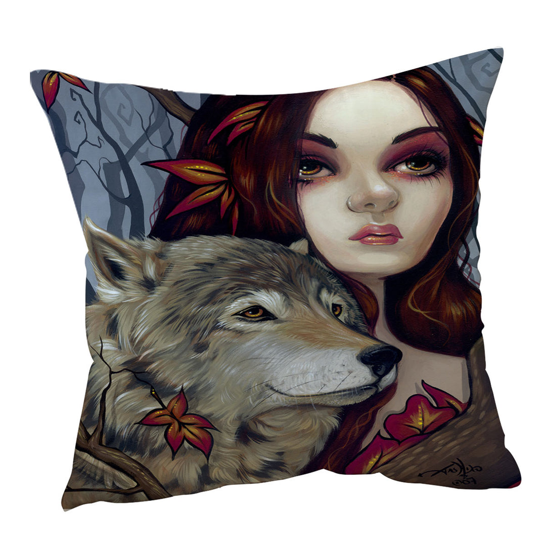 Autumn Wolf Maiden Cushion Cover