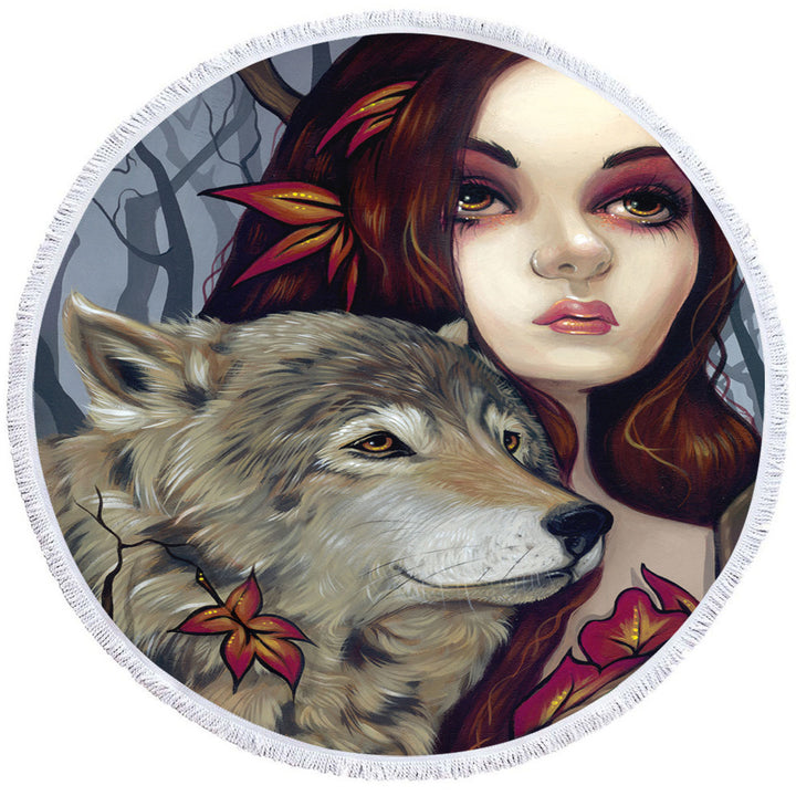 Autumn Wolf Maiden Round Beach Towel