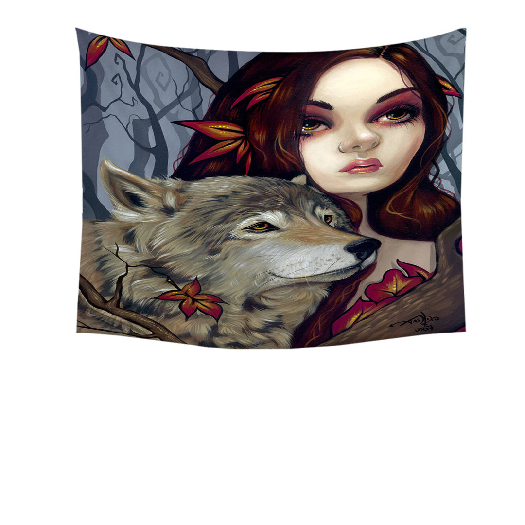 Autumn Wolf Maiden Tapestry