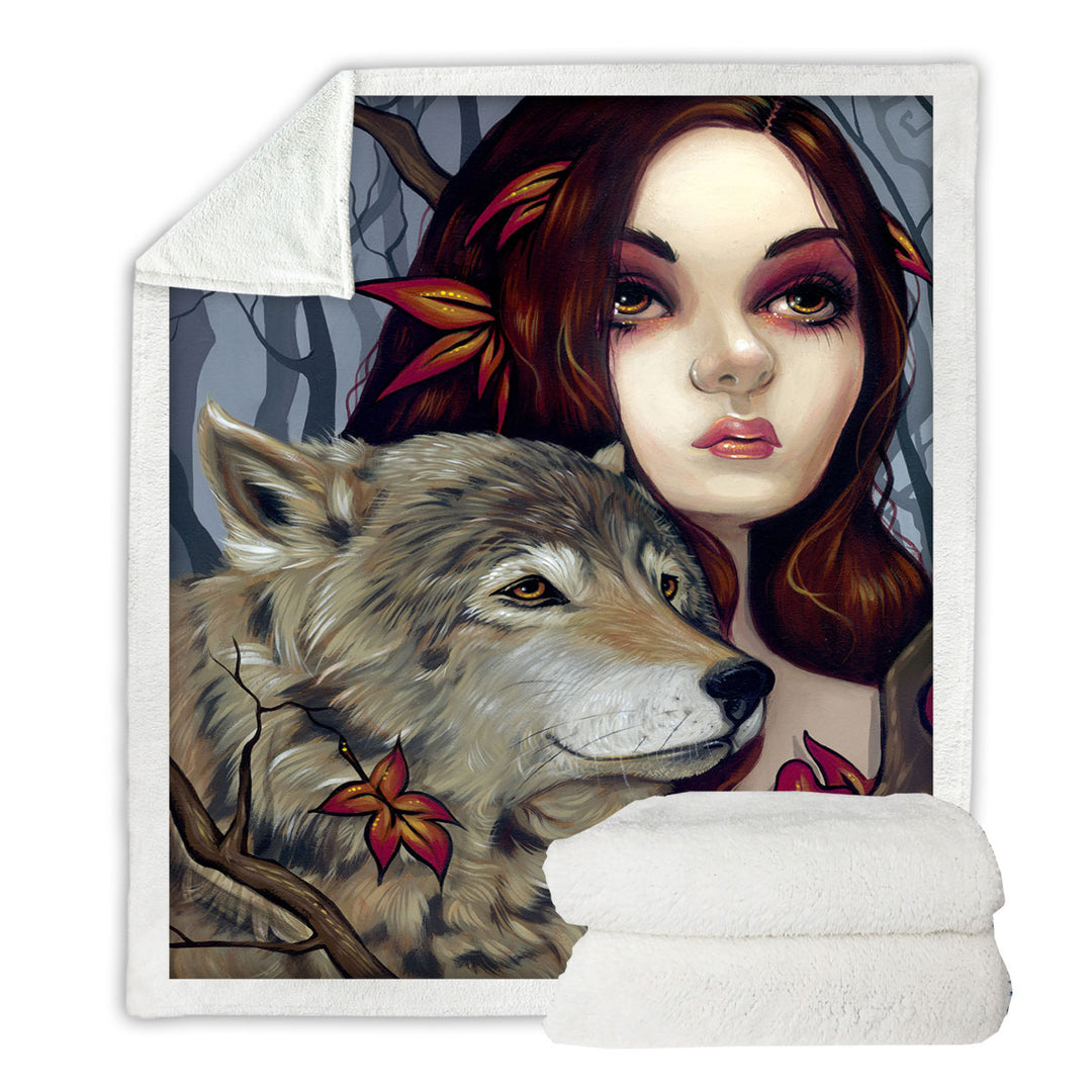 Autumn Wolf Maiden Throw Blanket