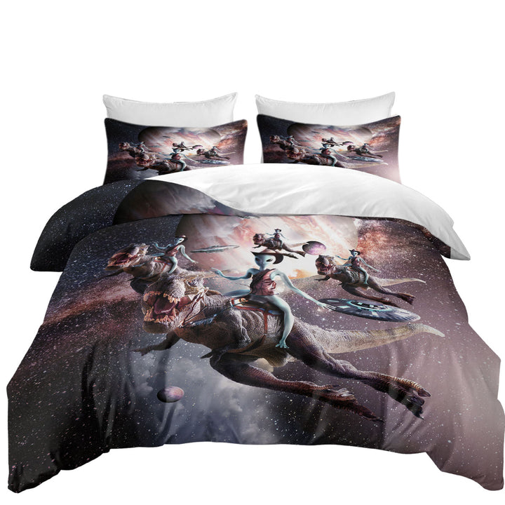 Awesome Cool Art Alien Riding Dinosaur in Space Duvet Cover