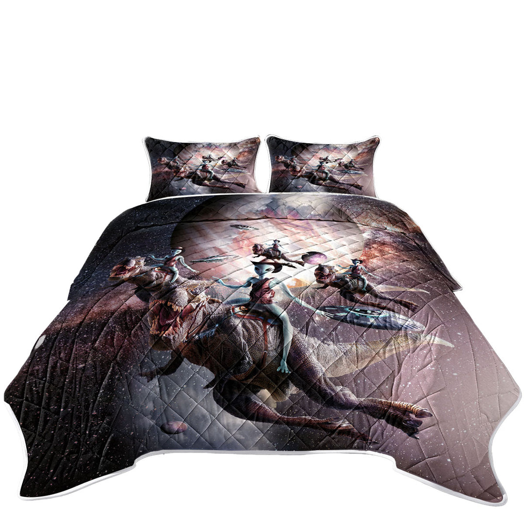 Awesome Cool Art Alien Riding Dinosaur in Space Quilt