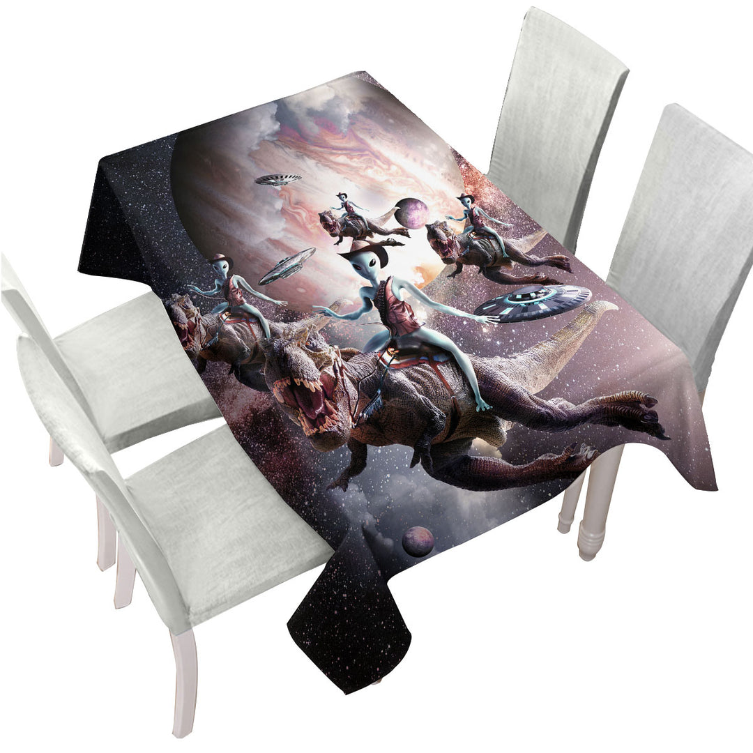 Awesome Cool Art Alien Riding Dinosaur in Space Table Cover