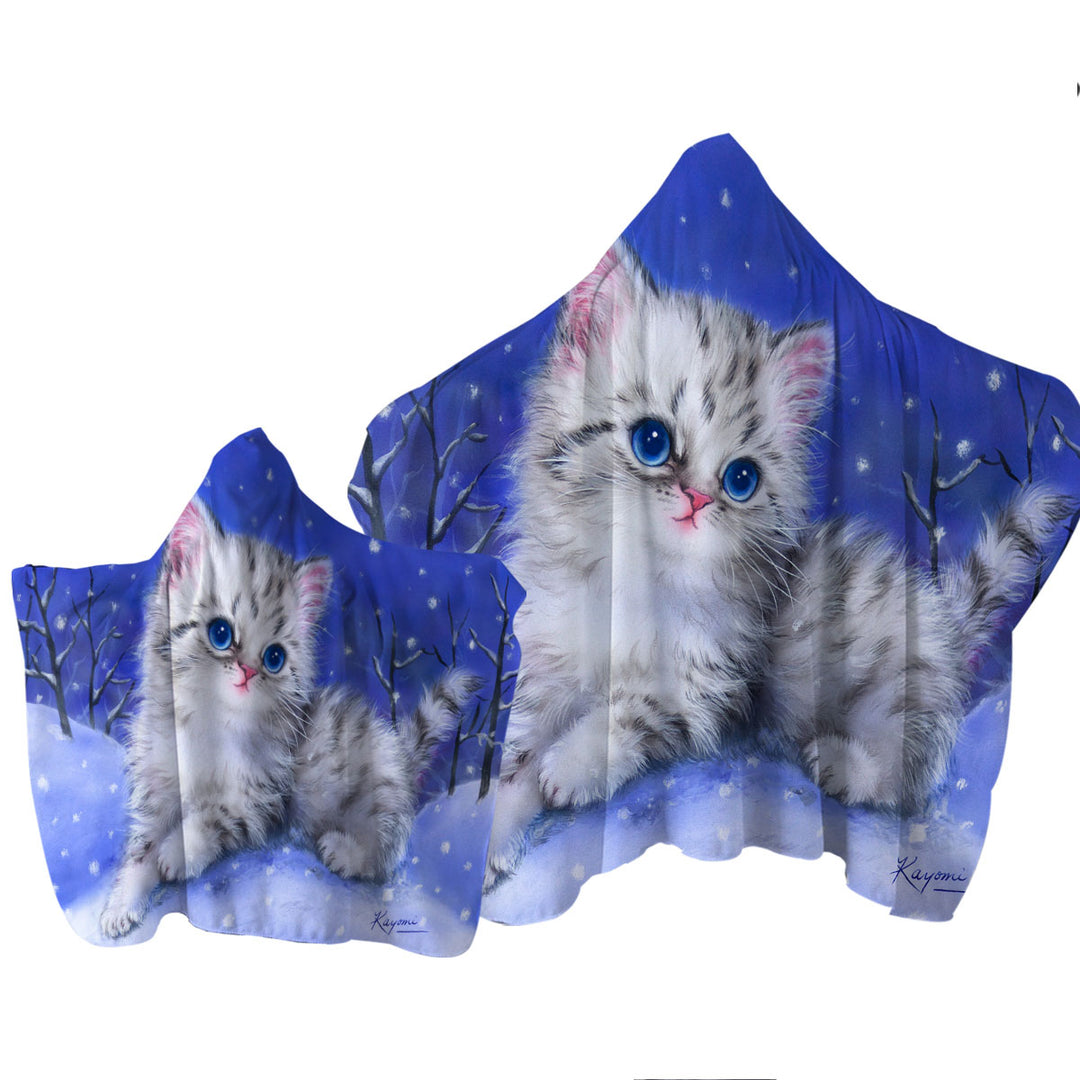 Baby Blue Eyes Grey Kitten on Snow Hill Towel Hoodie