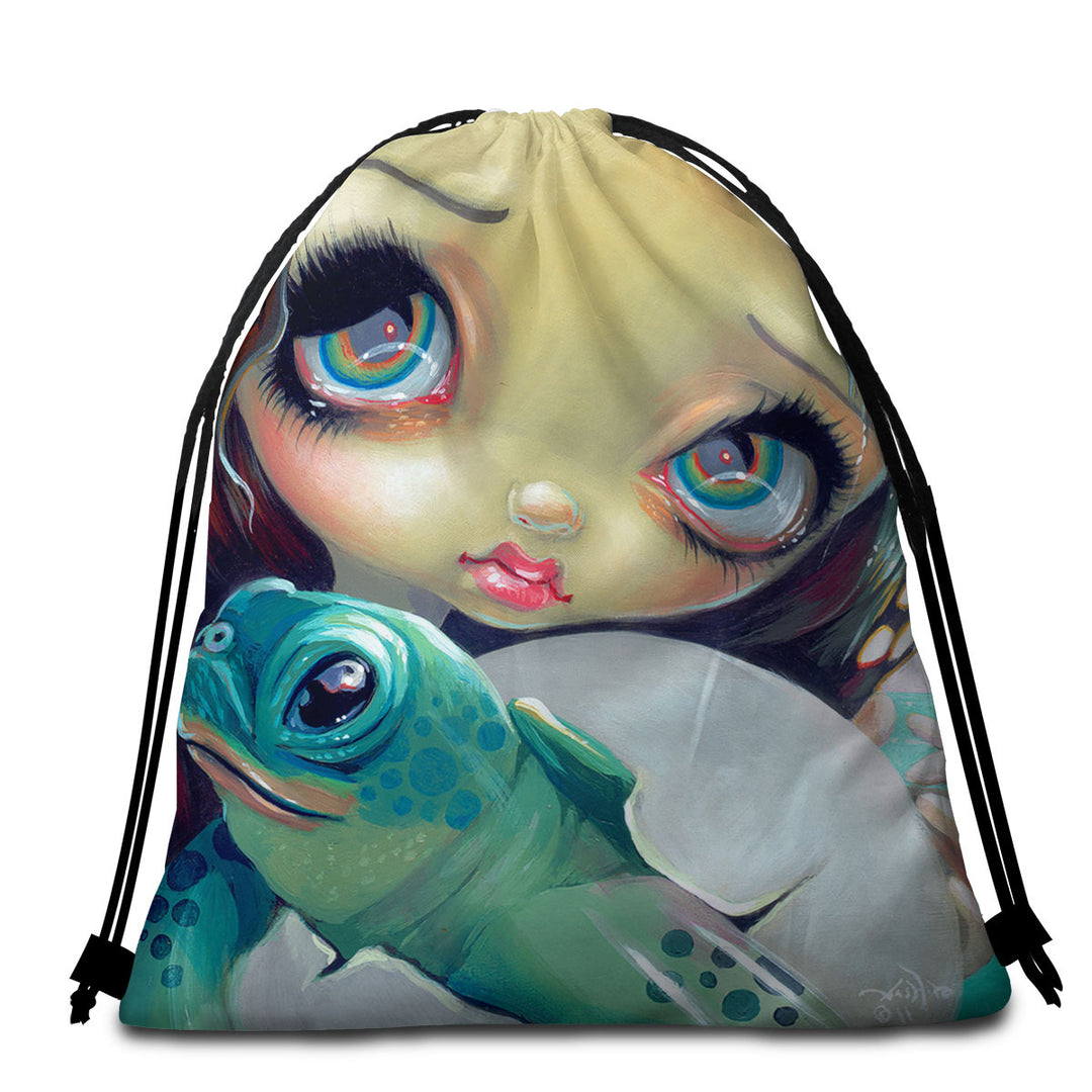 Baby Turtle Beach Towel Bags Faces of Faery _164 Cute Girl with Baby Turtle