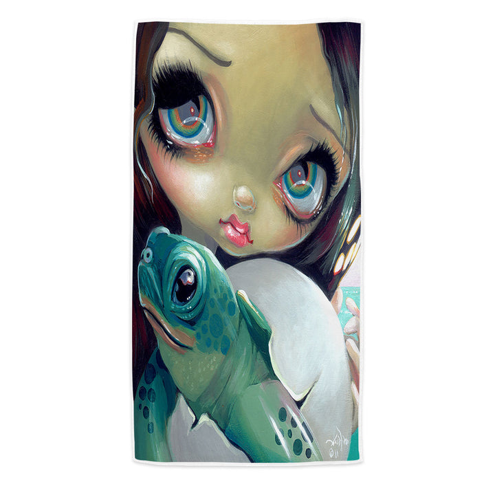 Baby Turtle Beach Towel Faces of Faery _164 Cute Girl with Baby Turtle