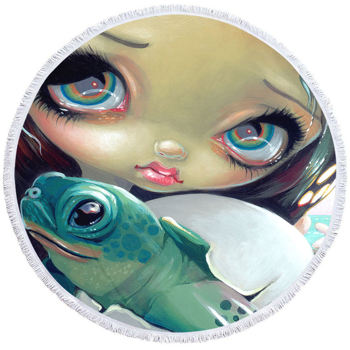 Baby Turtle Circle Beach Towel Faces of Faery _164 Cute Girl with Baby Turtle