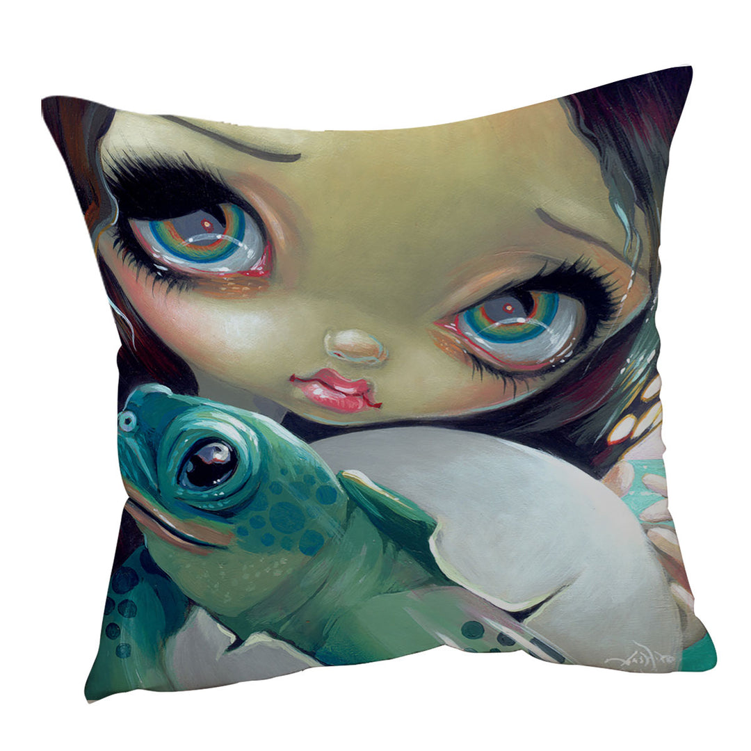 Baby Turtle Cushion Cover Faces of Faery _164 Cute Girl with Baby Turtle