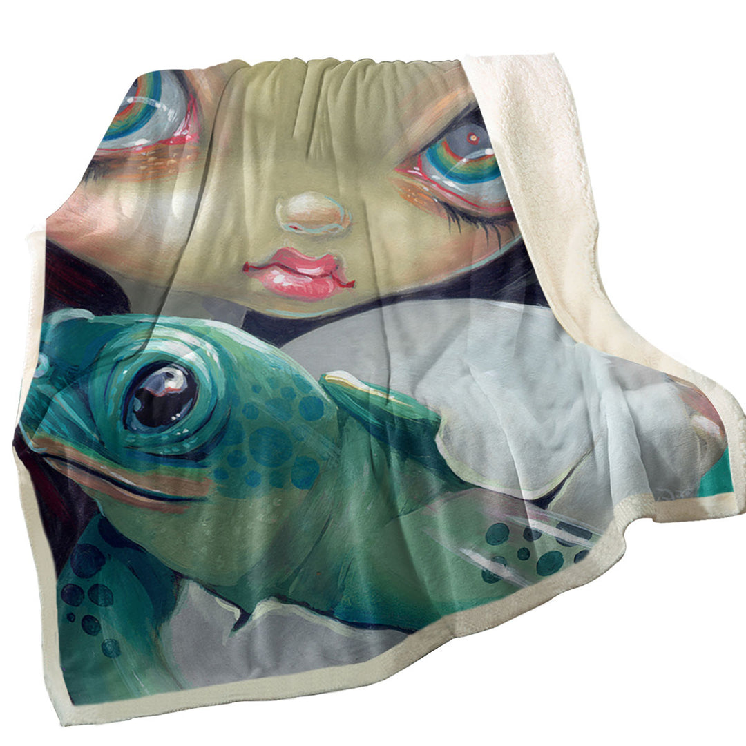 Baby Turtle Throw Blanket Faces of Faery _164 Cute Girl with Baby Turtle