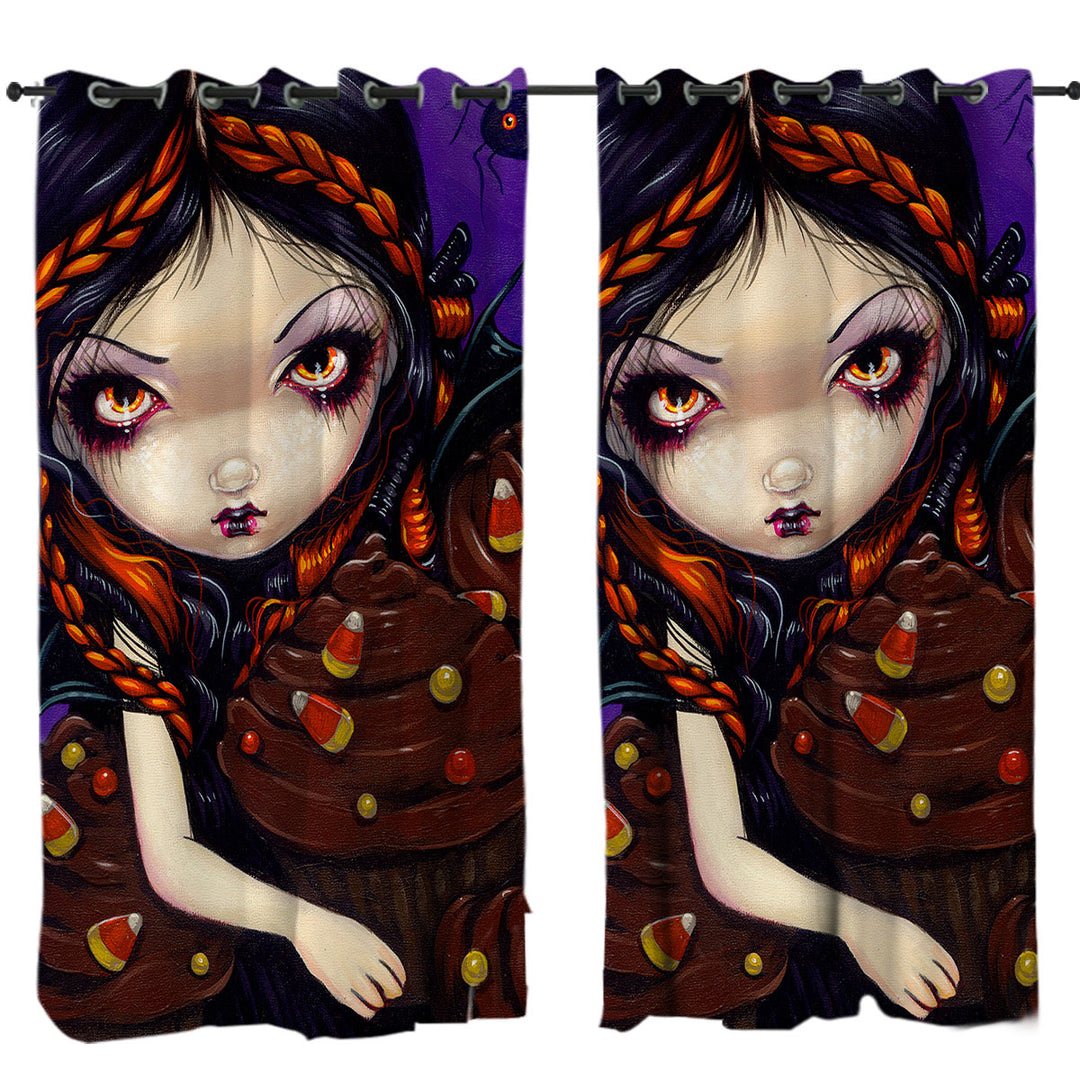 Bat Winged Fairy with Halloween Cupcakes Curtains for Living Room