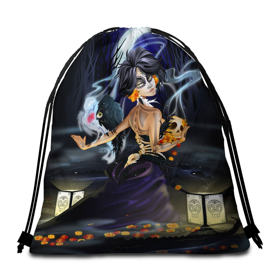 Beach Bags and Towels with Mourning Beauty Woman Crows and Skulls