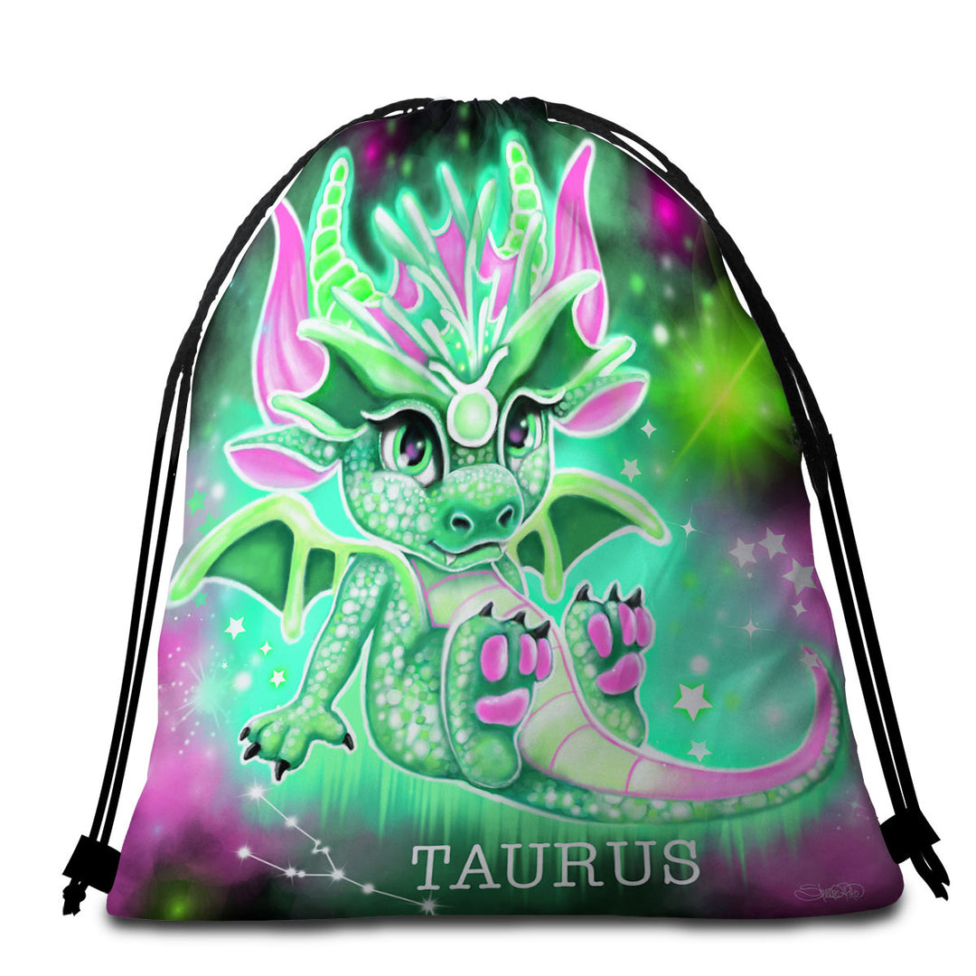 Beach Towel Bags Gift Ideas for Children Green Sparkling Taurus Lil Dragon