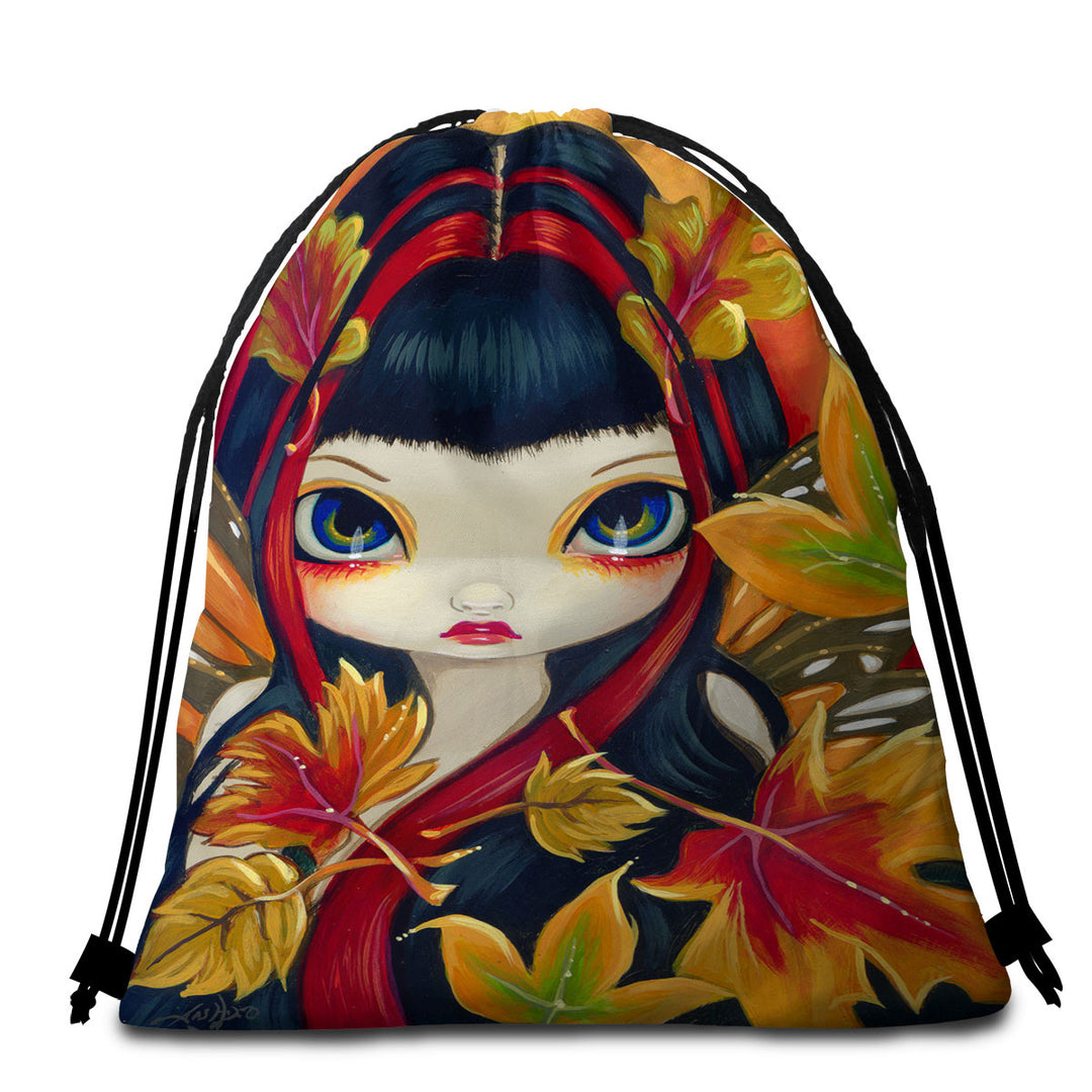 Beach Towel Bags with Autumn Leaves Big Eyed Winged Girl