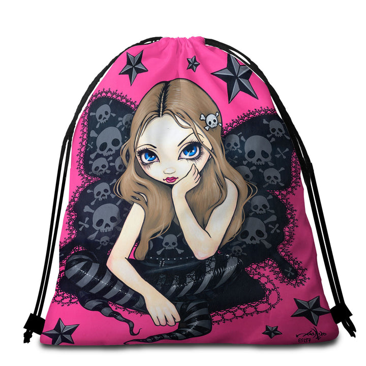 Beach Towel Bags with Beautiful Gothic Girl Skulls and Stars