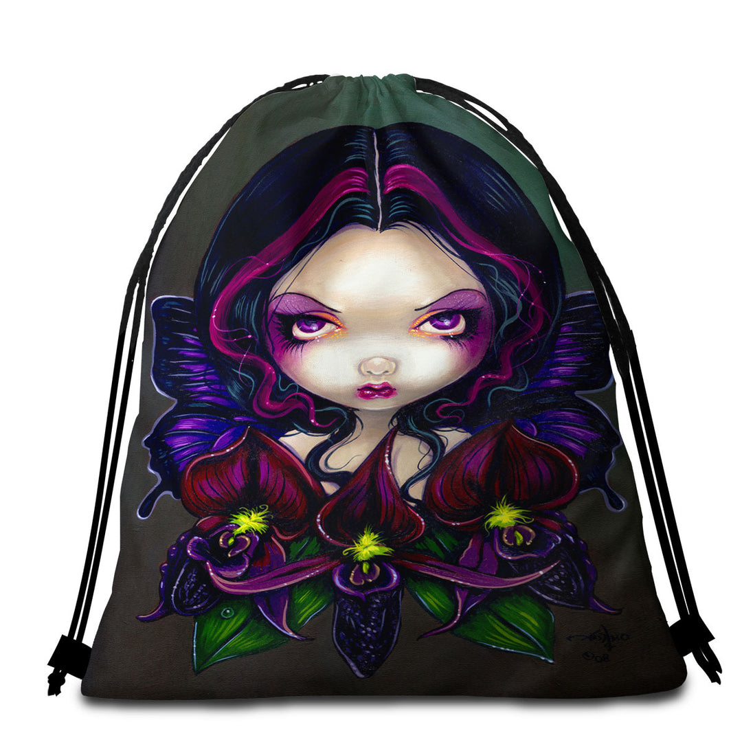 Beach Towel Bags with Black Orchid Fairy