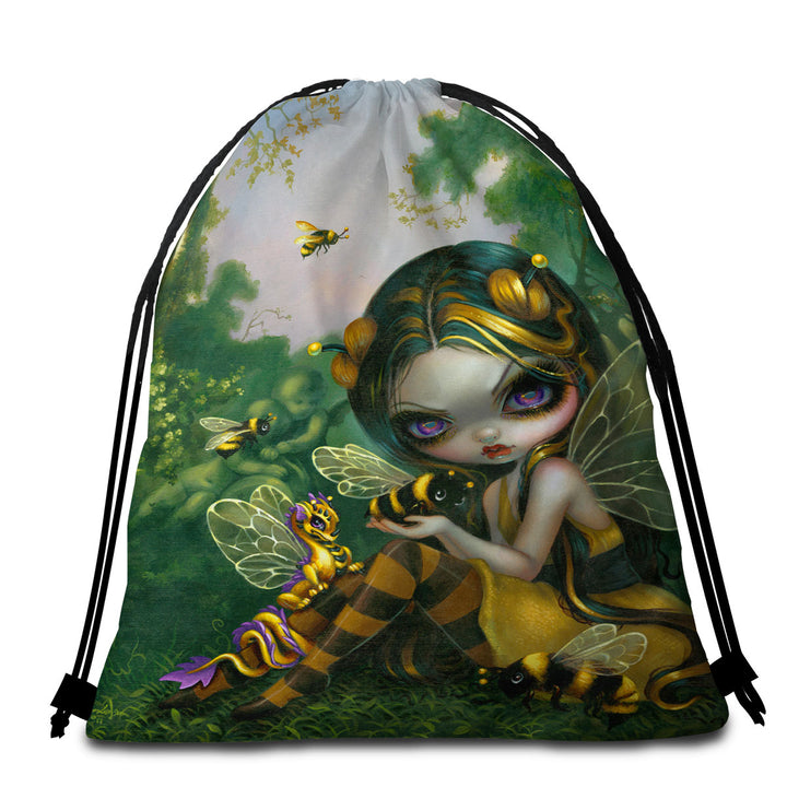 Beach Towel Bags with Bumblebee Dragonling and Bee Fairy