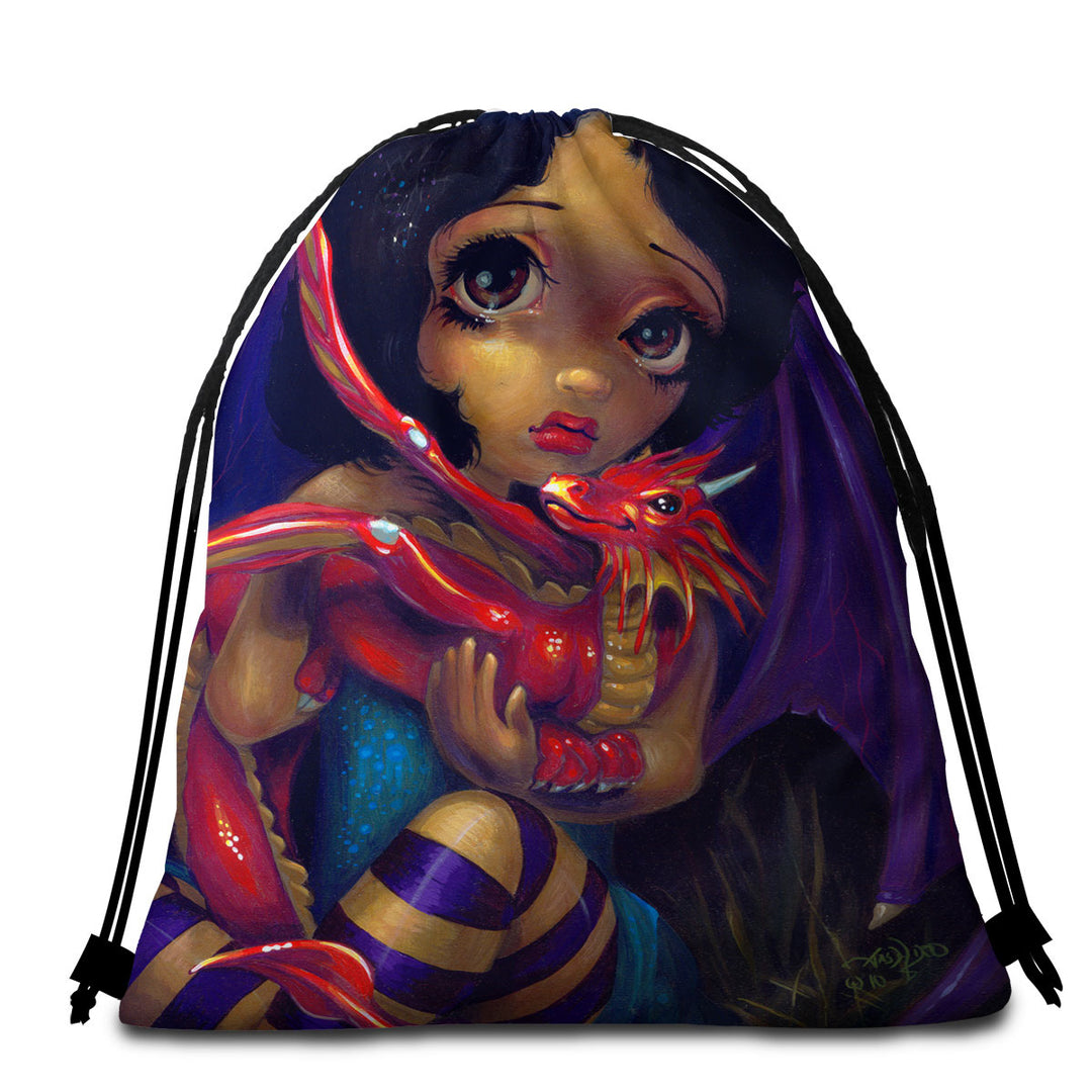 Beach Towel Bags with Darling Dragonling Fairy and Red Baby Dragon