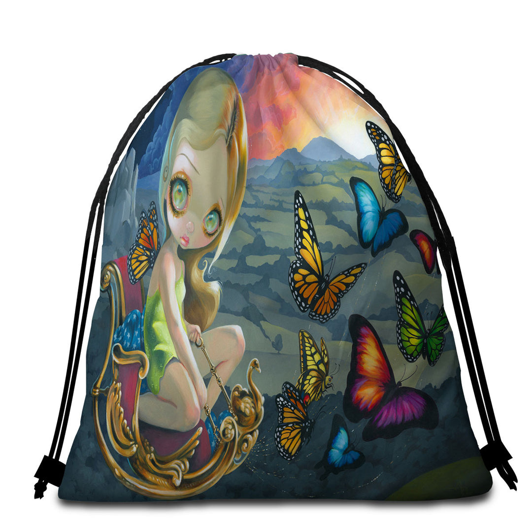 Beach Towel Bags with Fantasy Beautiful Fairy and Butterfly Chariot