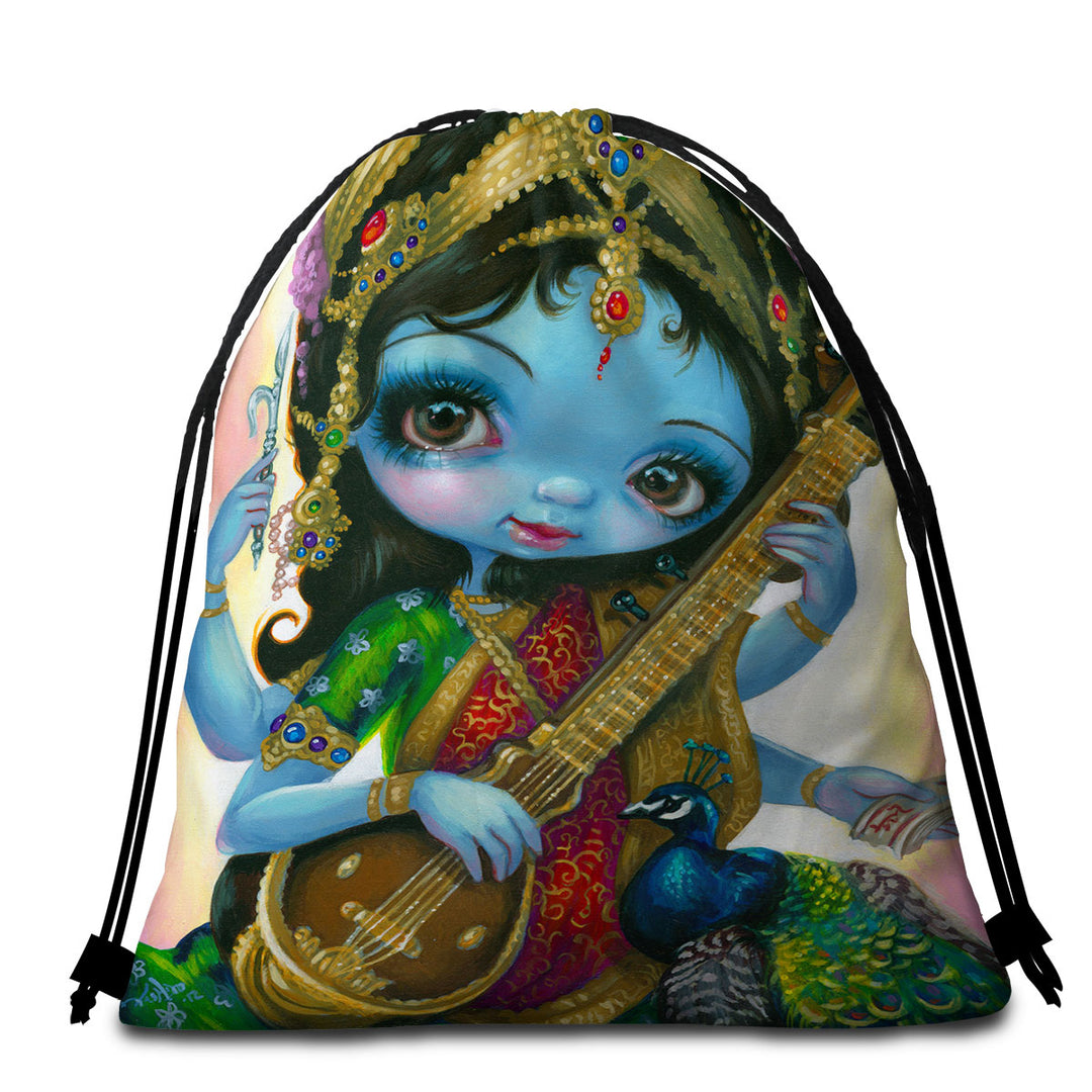 Beach Towel Bags with Hindu Goddess Saraswati Playing Veena