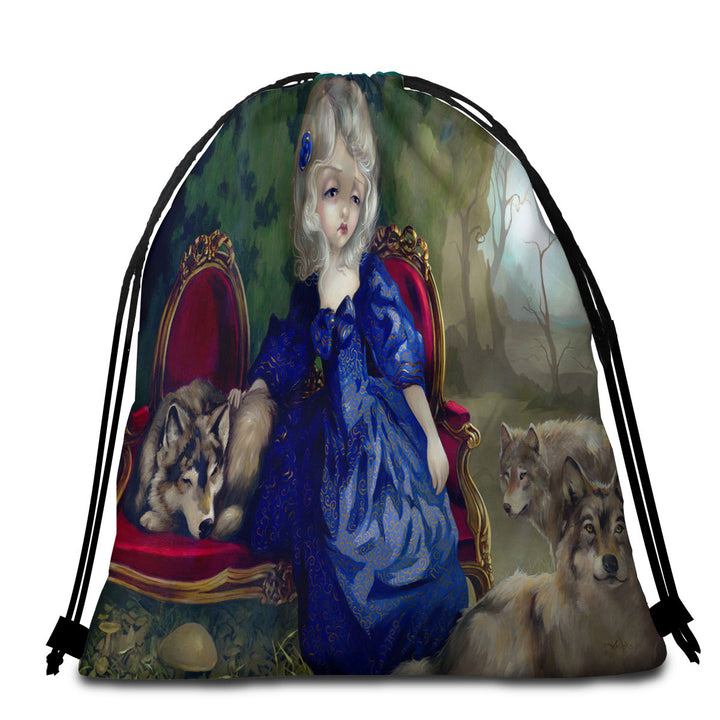 Beach Towel Bags with Loup Garou Fine Art the Sadness Girl and Wolves