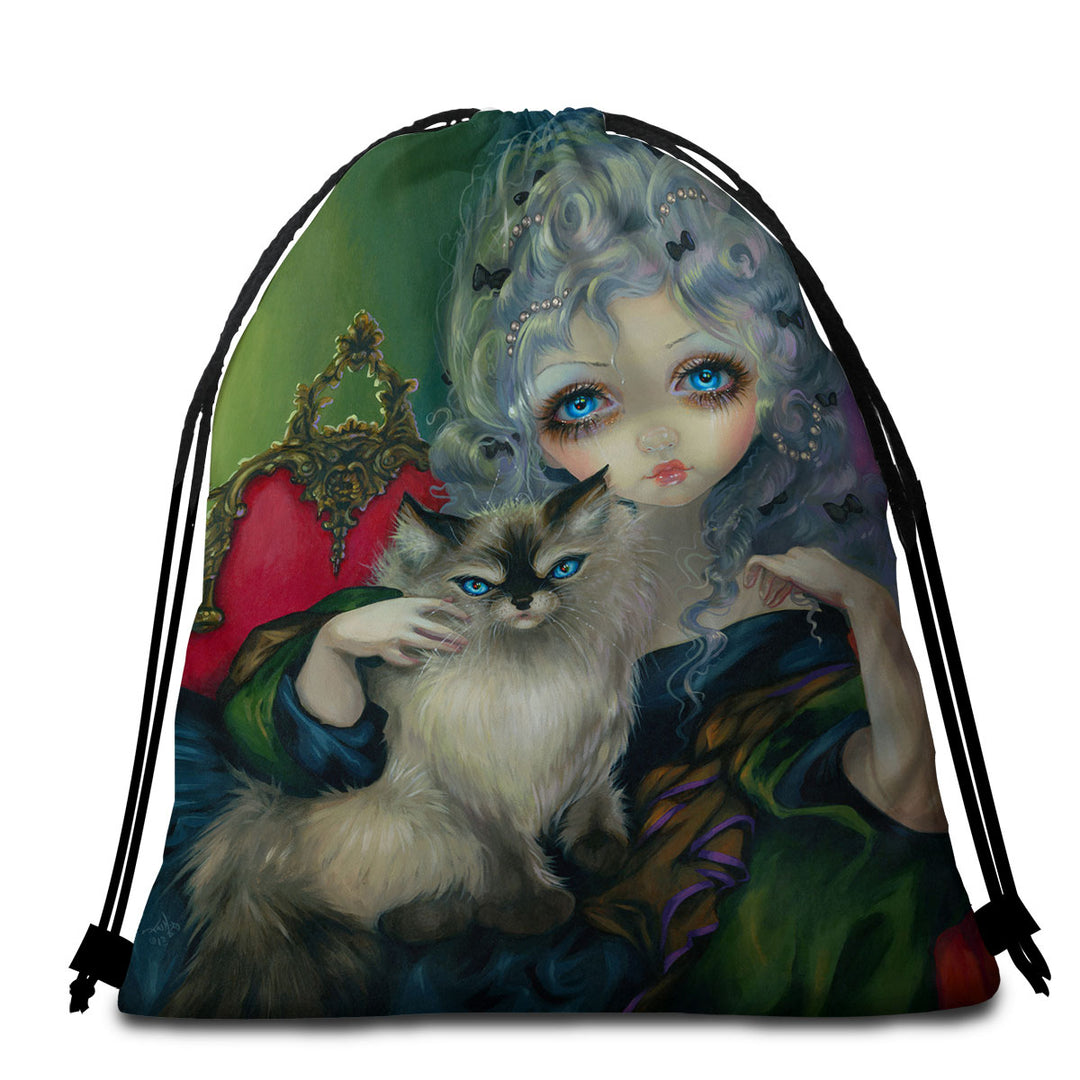 Beach Towel Bags with Rococo Style Portrait Princess with a Ragdoll Cat