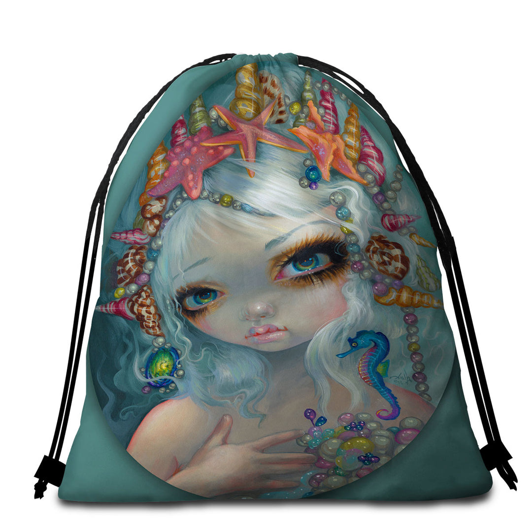 Beach Towel Bags with Seashell Princess Beautiful Doe Eyed Mermaid