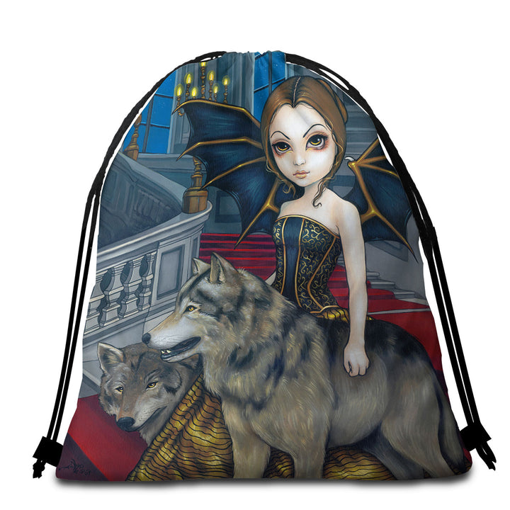 Beach Towel Bags with Wolf Manor Elegant Fairy Walking in the Mansion