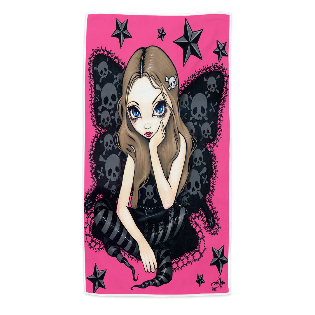 Beach Towel with Beautiful Gothic Girl Skulls and Stars