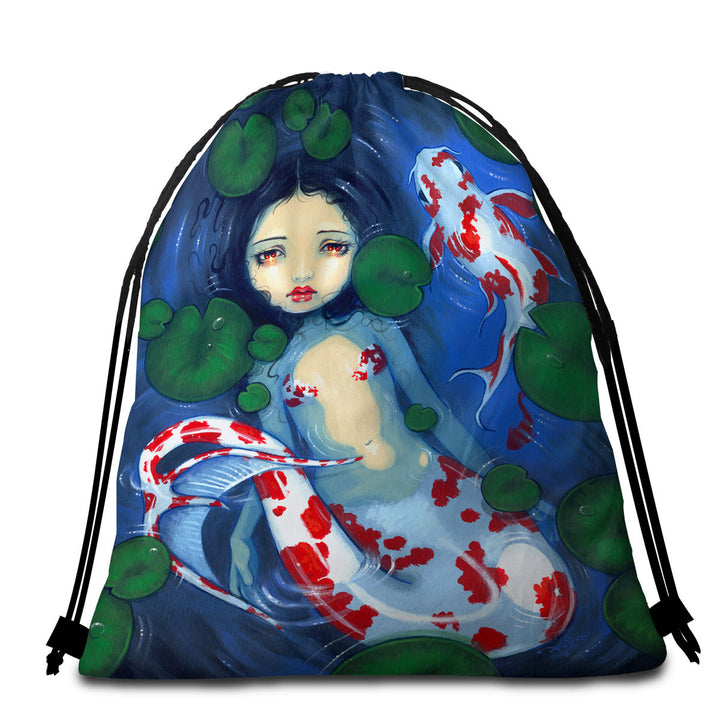 Beach Towels Bags with Japanese Garden Lily Pads and Koi Pond Mermaid