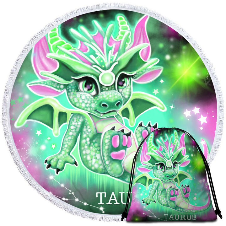 Beach Towels Gift Ideas for Kids Green Sparkling Taurus Lil Dragon