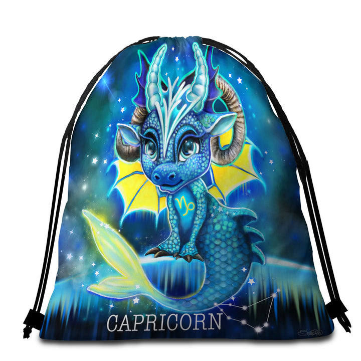 Beach Towels and Bags Set Gift Ideas for Kids Fantasy Art Capricorn Lil Dragon