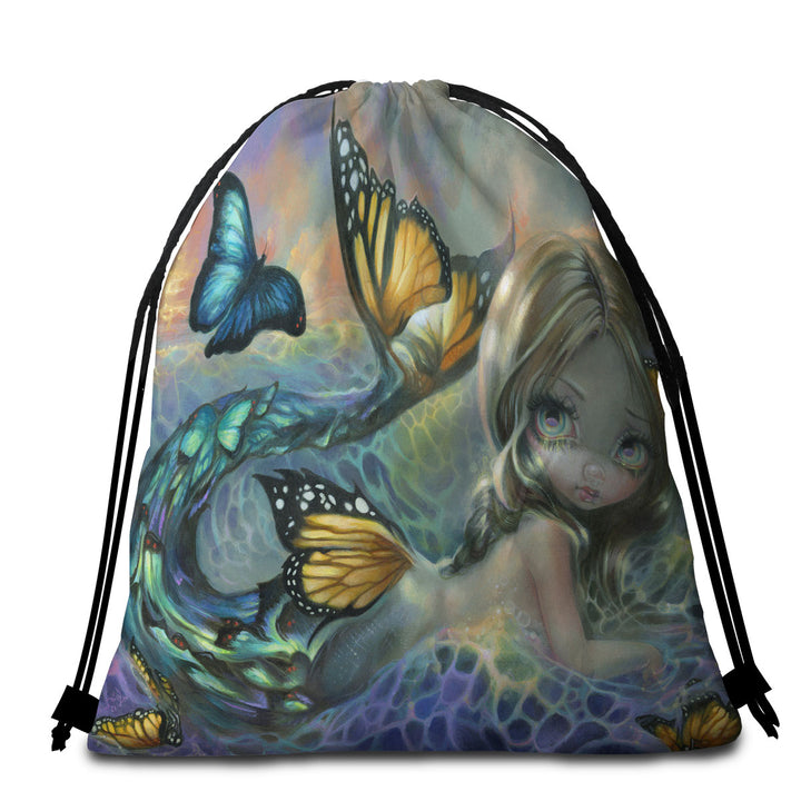 Beach Towels and Bags Set of Mermaid and Butterflies Fantasy Painting Sea Monarch