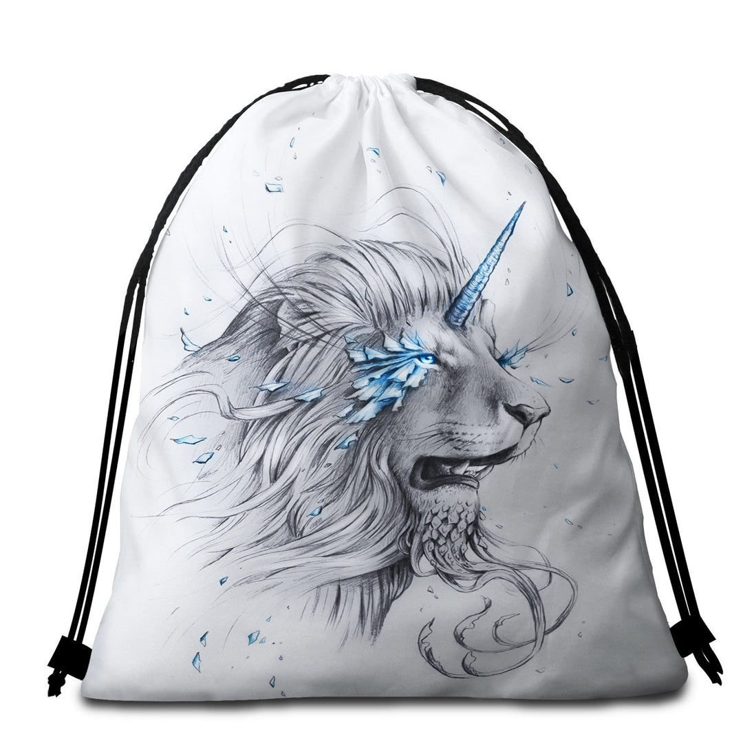 Beach Towels and Bags Set with Animal Drawings Lion Soul