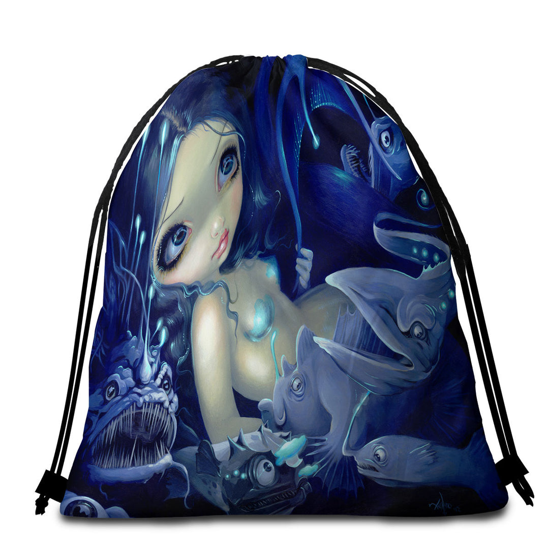 Beach Towels and Bags Set with Scary Underwater Art Fish and Mermaid