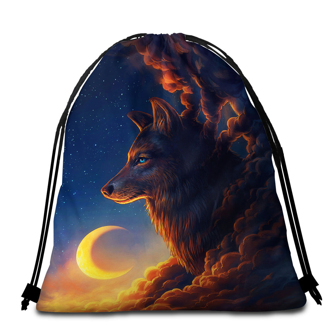 Beach Towels and Bags Set with Wolf Art Moon Night Guardian