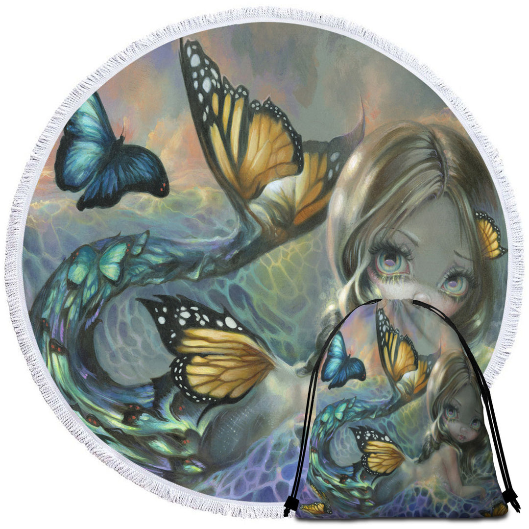 Beach Towels of Mermaid and Butterflies Fantasy Painting Sea Monarch